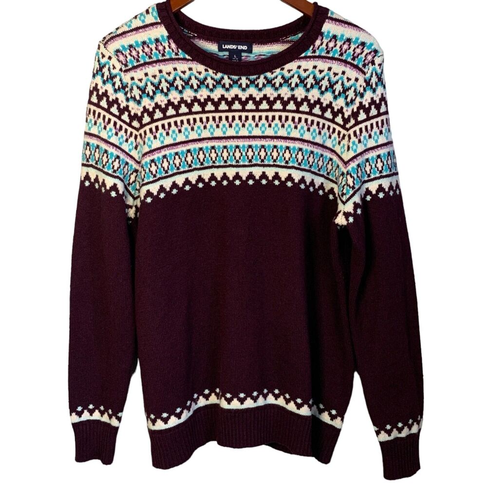 Lands' End Women’s Sweater LARGE 14-16 Faire Isle Purple Turquoise Cotton Blend